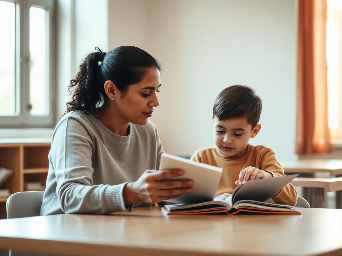 Adult mentor working one-on-one with a young child at a low table