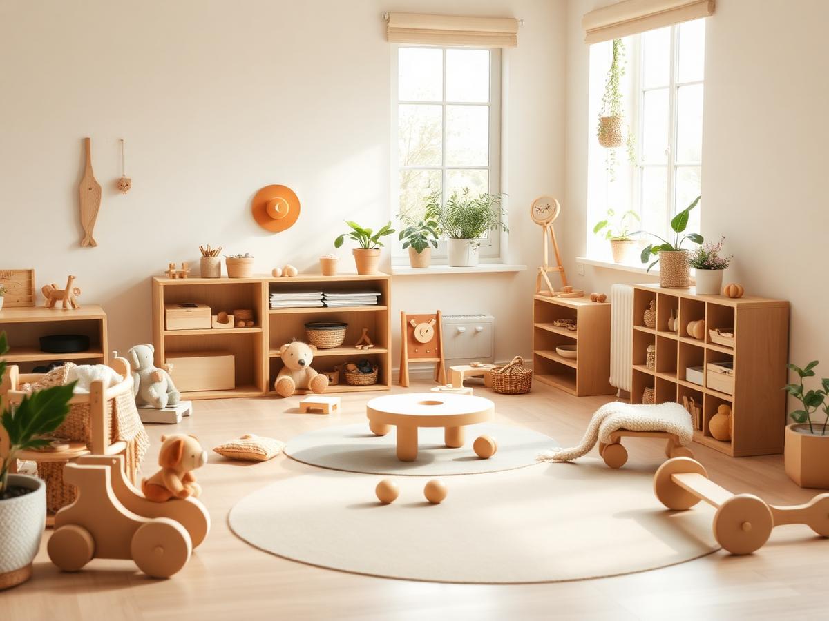 Warm, sunlit early childhood classroom with wooden toys