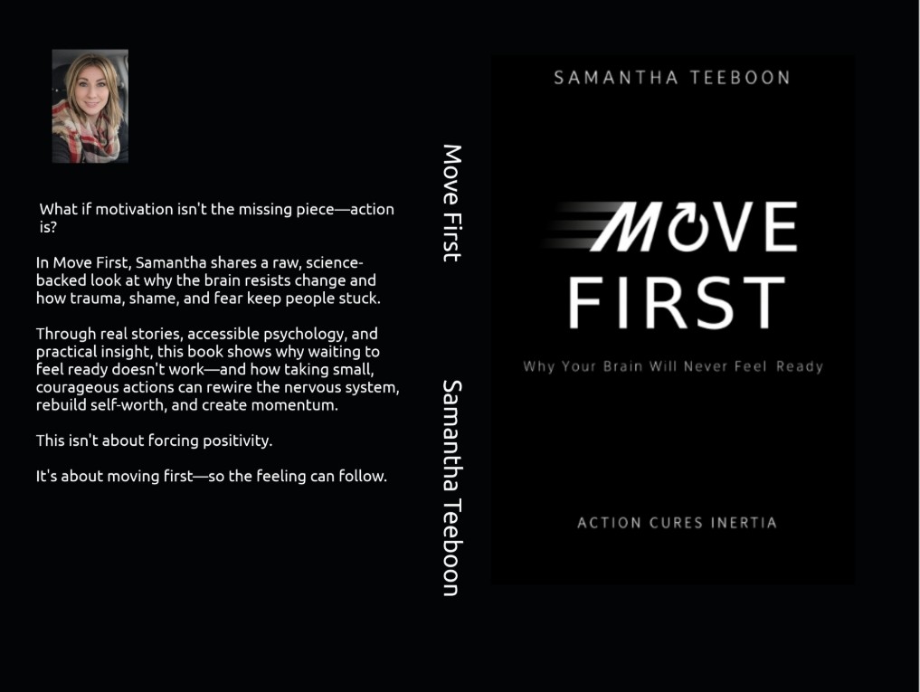 Move First by Samantha Teeboon — book cover wrap with author photo and back-cover description